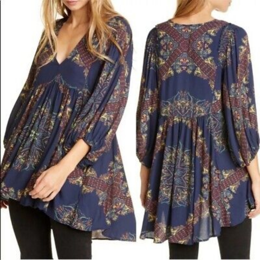 NWT Free People blue paisley bubble sleeve tunic mini dress